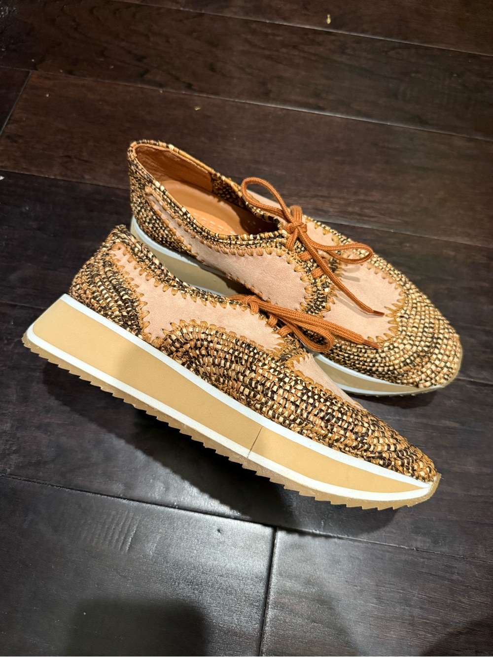 Robert Clergerie Tan Woven Leather-Trim Platform Loafers